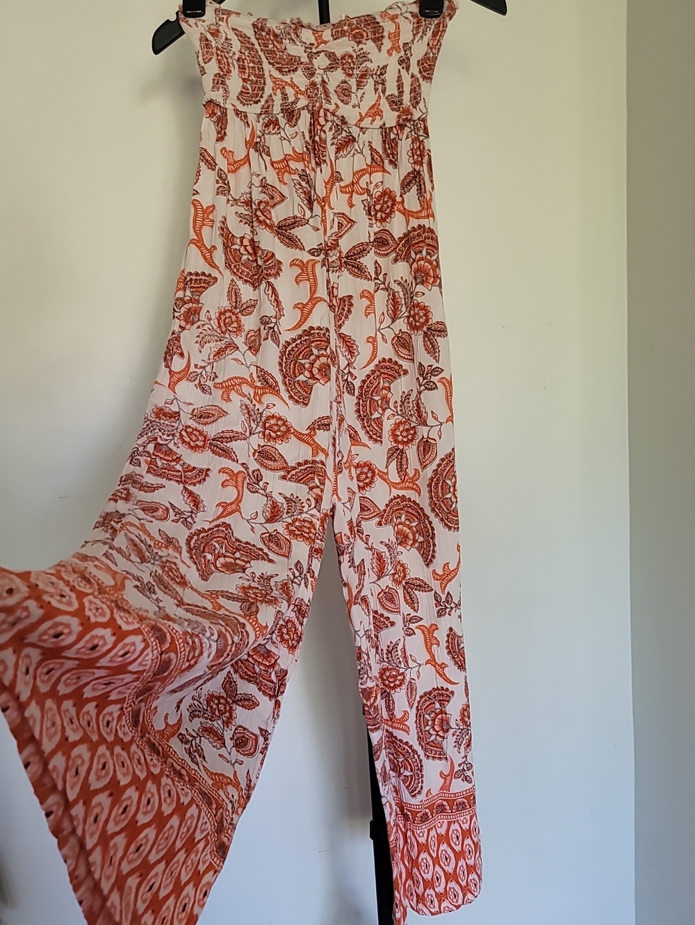 Angie Boho Smocked Bodice Floral Print Wide-Leg Jumpsuit in with Pockets